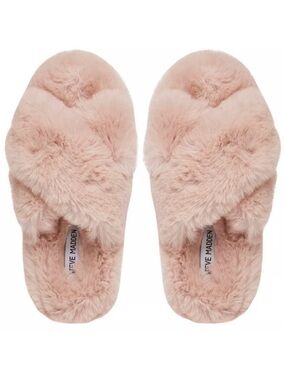 Steve Madden Slippers Pink Faux Fur Fluffy House Slides Coquette Womens Size 5 6